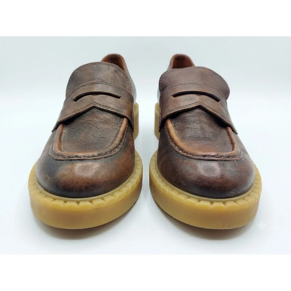 Baldinini Brown Burnished Leather  Loafers Italian Lug Sole Chunky Heel 40 NWOT